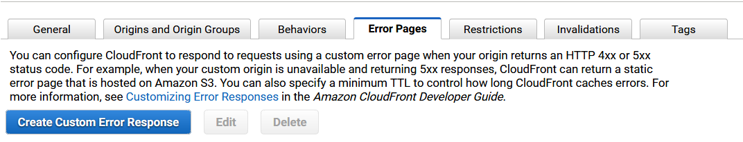 CloudFront error pages tab
